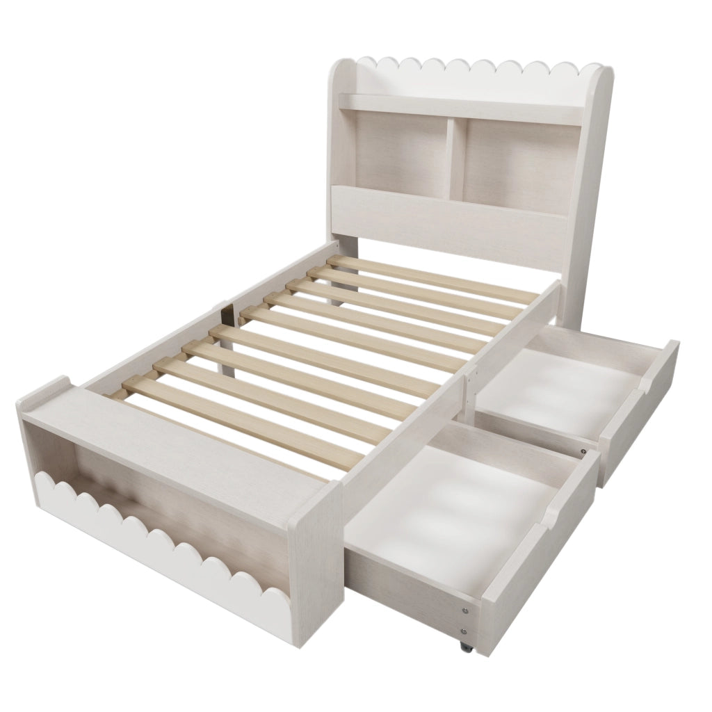 Letto per bambini 90x190 cm con 2 cassetti e ripiani; legno massello e MDF bianco e rovere chiaro