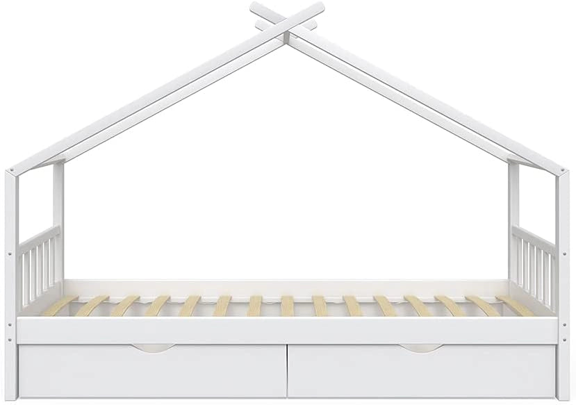 Letto montessori bambini Design, Bianco, 90x200 cm con 2 cassetti, con sponda anticaduta e rete a doghe per un sonno sicuro