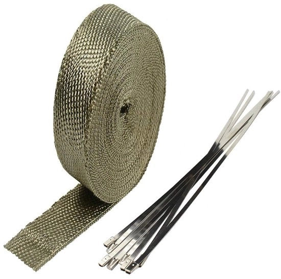 Filtro di Scarico - 2,5cm x 10m - Vetro Fibroso di Alta Qualità - Protezione dal Calore - Potenziamento del Potere - Incluso: 6 Cinghie per Cavi - Riduzione della Temperatura sotto il Paraurti - Isolazione del Filtro di Scarico