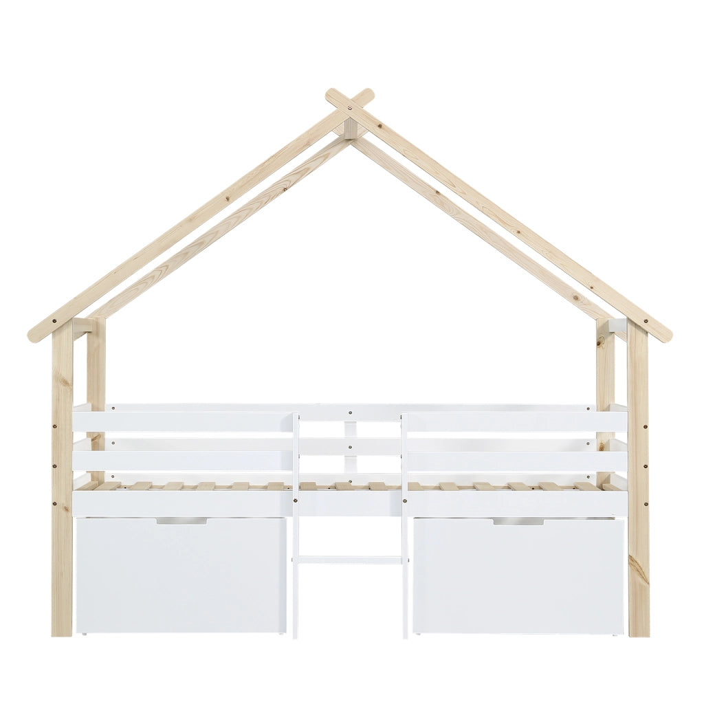 Letto Casetta per Bambini con Tetto e Scala ¨C MINIMAL ¨C Pino+MDF Bianco+Naturale 90x200