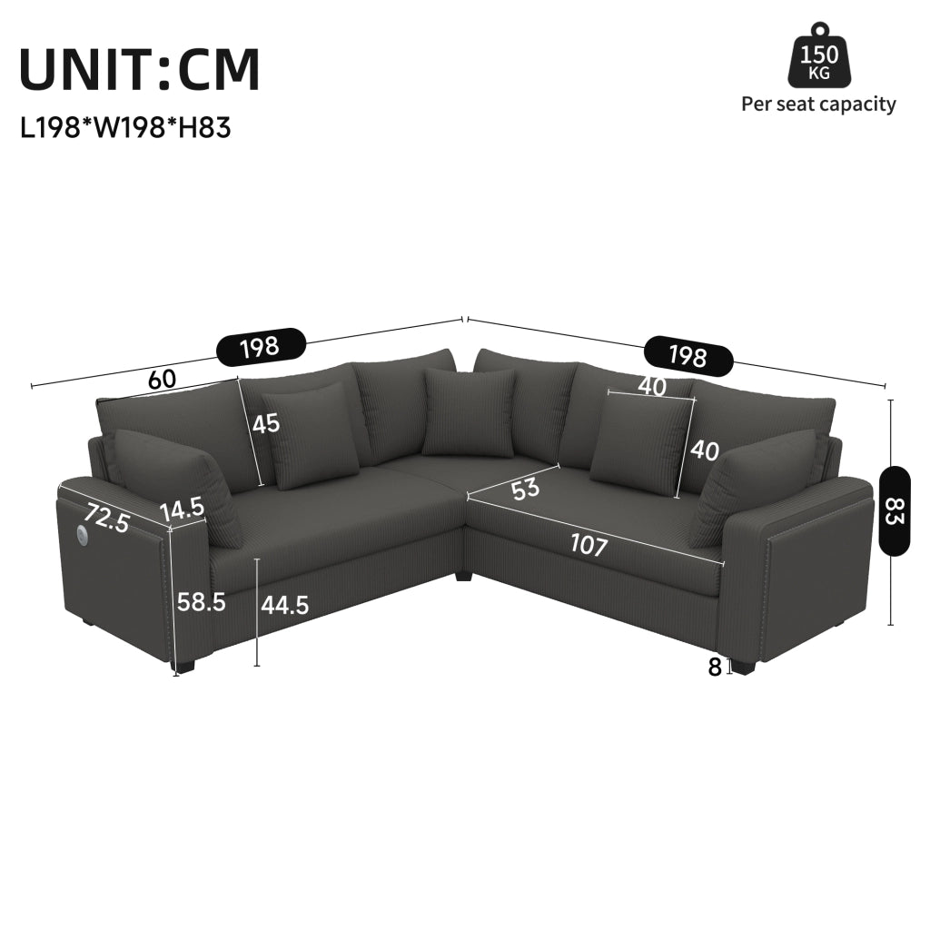 Divano angolare L 198x198 cm in corduroy grigio con LED; USB e USB-C