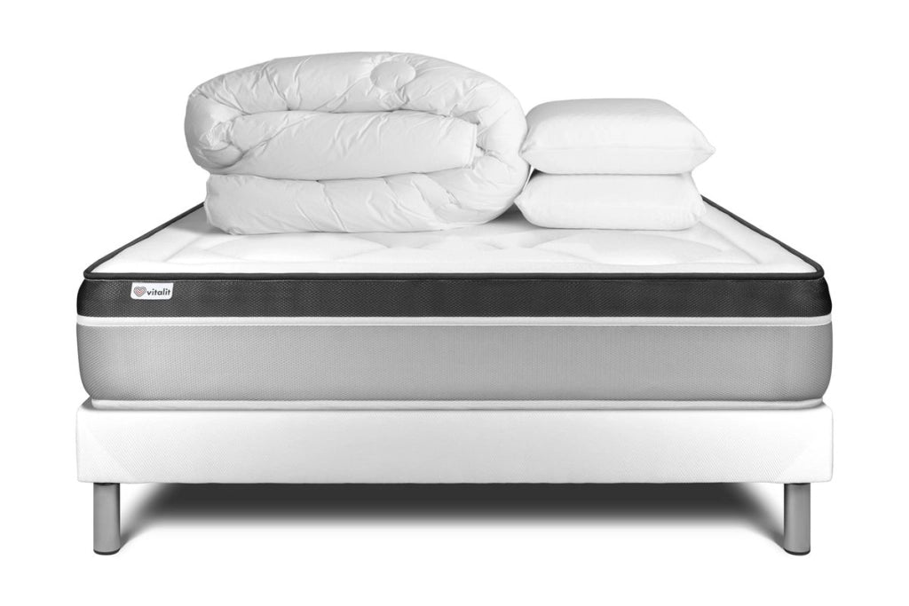 Pacchetto letto completo - Materasso 140x190cm + Box spring con doghe (in kit) + 2 cuscini + Piumino - Vital Ergo