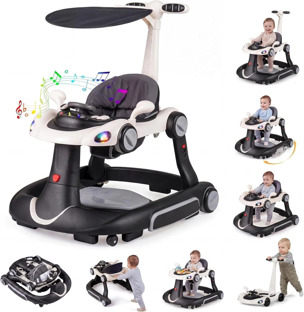 Girello per Bambini 6-in-1 Evolutivo, Centro Attività Pieghevole con Maniglia, Regolazione Altezza/Velocità, con Musica, Luci Tenda, per Neonati 6-18 Mesi (Rosso+Bianco)
