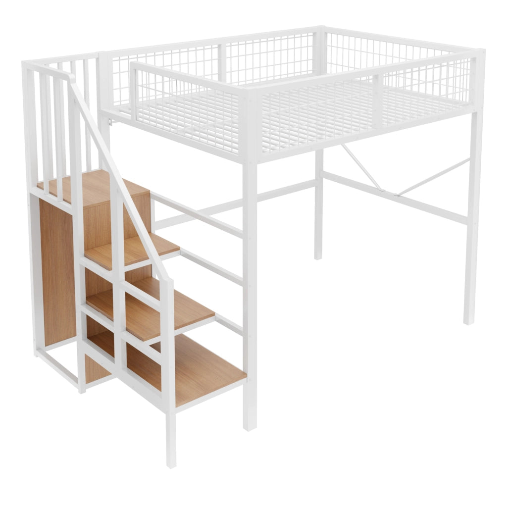 Letto a soppalco 140x200 cm con scala contenitore; LED e sponda in metallo; bianco