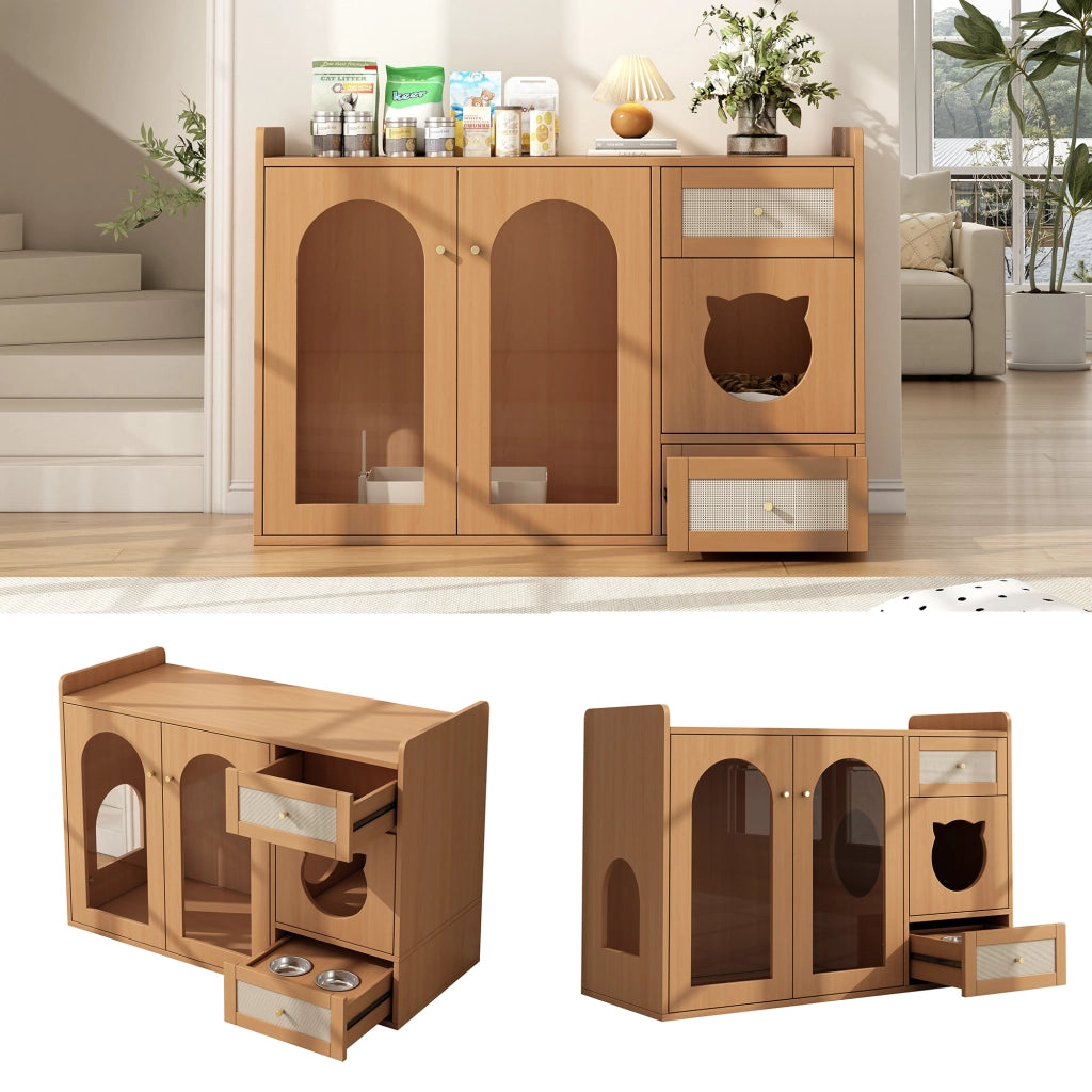 Mobile coperto per lettiera per gatti 5 in 1 con vano riposo e cassetto ciotole, in MDF e vetro, noce, 120 × 45 × 76 cm