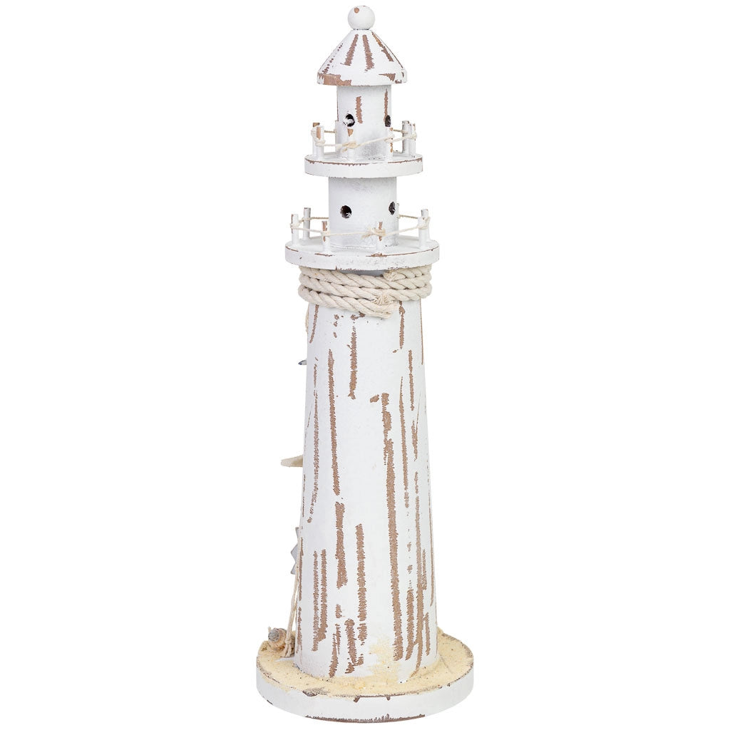 Figura decorativa a forma di faro in legno bianco con LED 12,5x12,5x39 cm