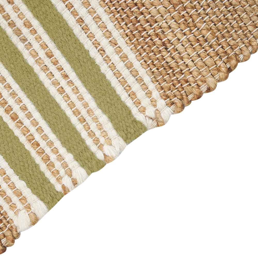 Tappeto in iuta con motivo a righe e nappe beige e verde 80 x 150 cm soggiorno camera da letto ingresso