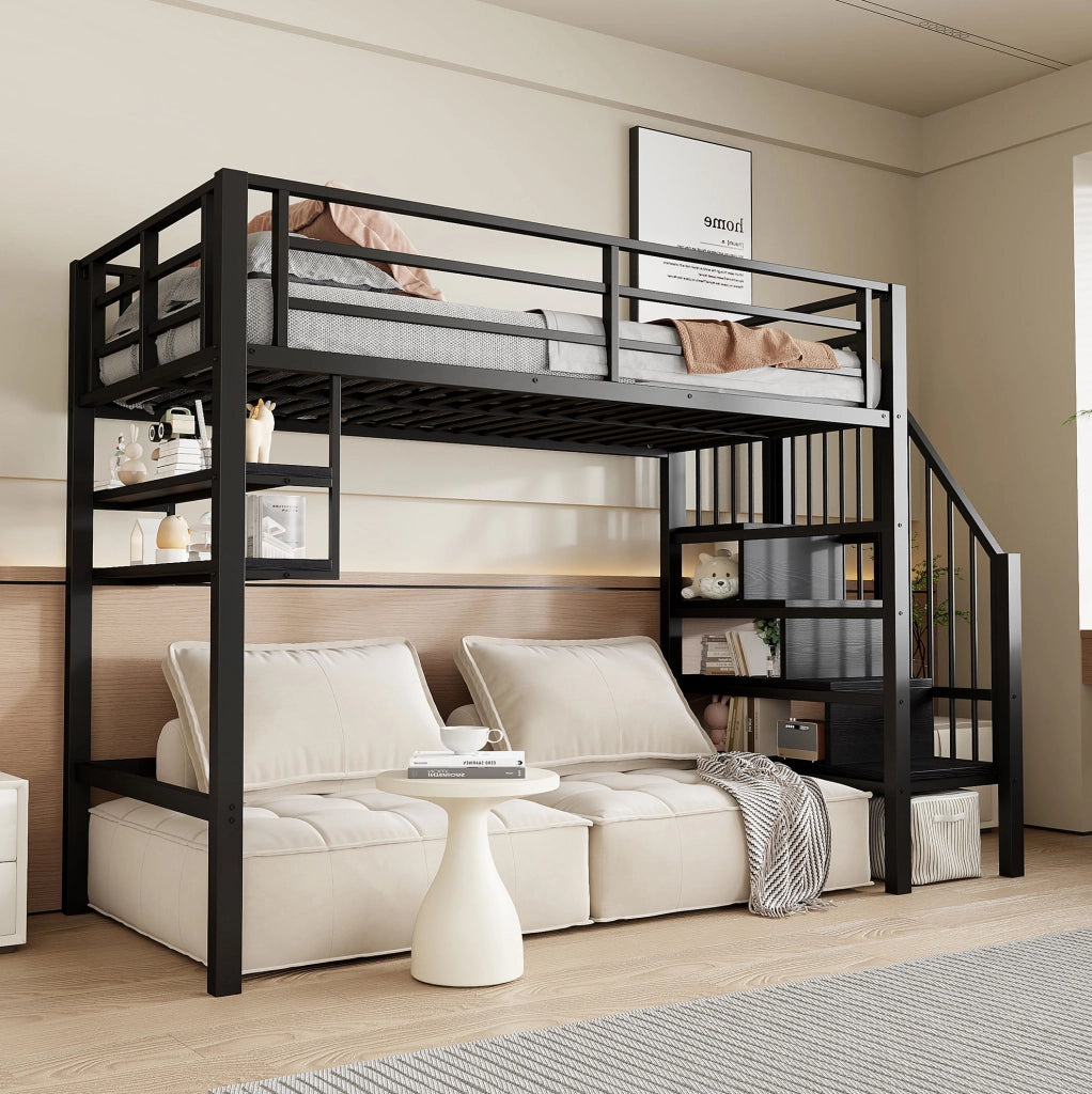 Letto a soppalco per bambini 90x200 cm nero con scaffali e scala contenitore