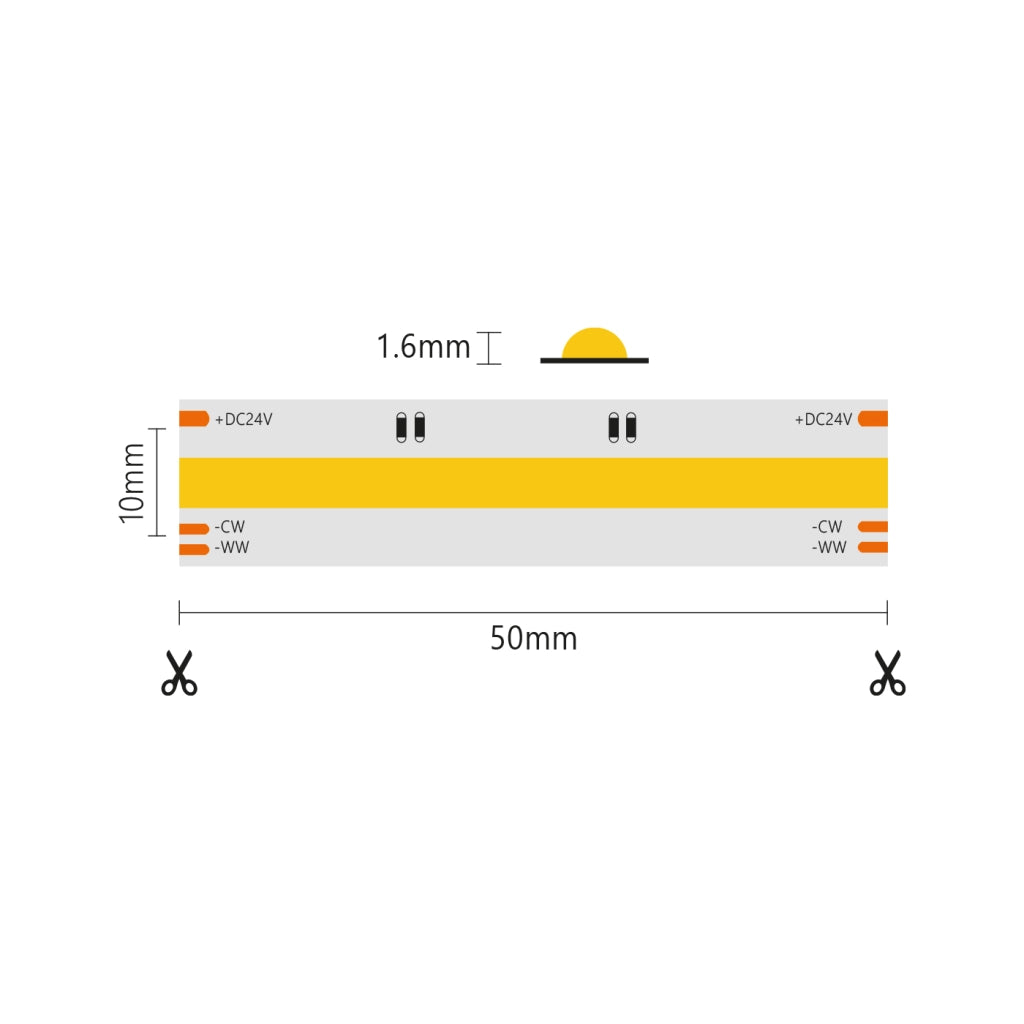 Striscia led COB IP20 5m da 8+8W/MT 24V - CCT - 2700K-6500K