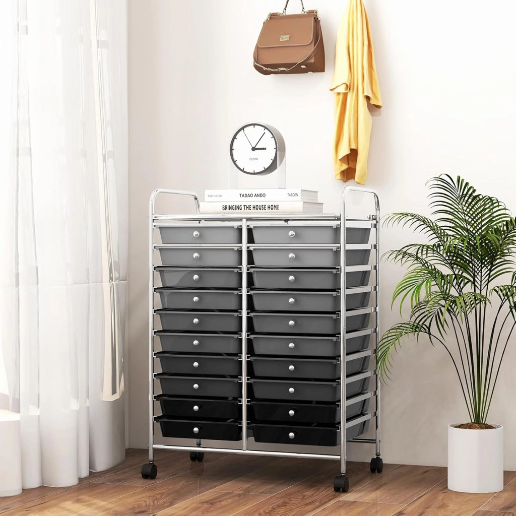 Carrello portaoggetti con ruote da 20 cassetti rimovibili, torre di stoccaggio mobile, 4 ruote con 2 freni, carrello girevole per ufficio, cucina, casa, 64 x 38 x 87 cm (nero sgrassato)