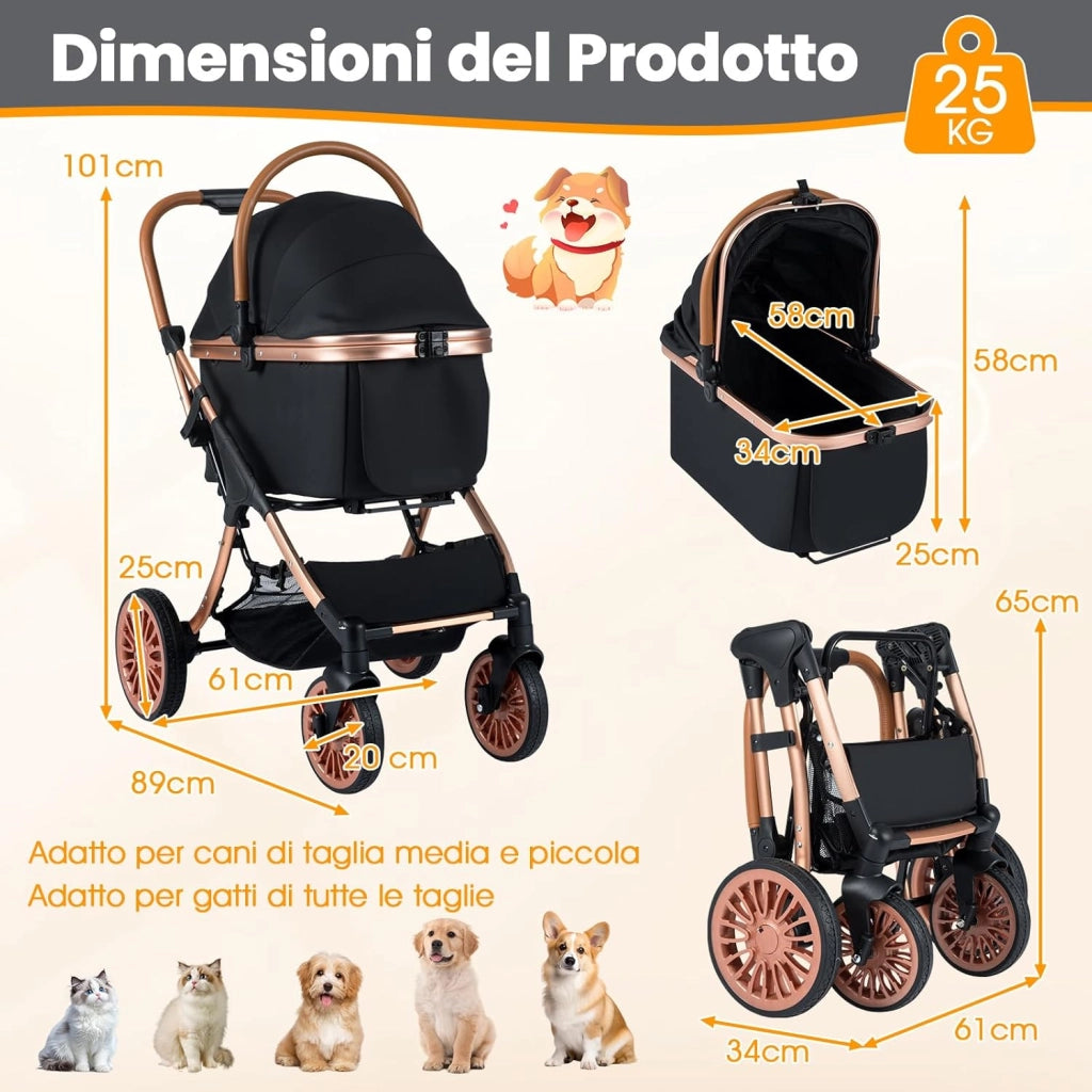 Passeggino Pieghevole per Cani 3 in 1, Carrozzino per Animali con Portapacchi Rimovibile, Tettuccio, Cuscino Rimovibile, Cintura di Sicurezza, Cestino e Portabicchiere, Portata 25 kg