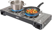 Cottura Al Campo Portatile con 2 Fiamme e Piatto Grill - Acciaio Fornito e Acciaio Inossidabile, 2,2 kW Potenza x 2
