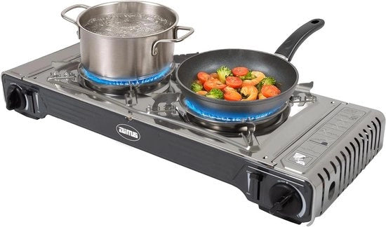 Cottura Al Campo Portatile con 2 Fiamme e Piatto Grill - Acciaio Fornito e Acciaio Inossidabile, 2,2 kW Potenza x 2