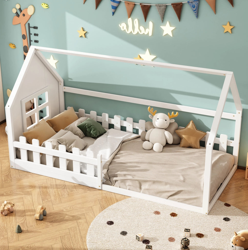 LETTO Bambini a forma di casa 90x200 cm Bianco in pino e MDF