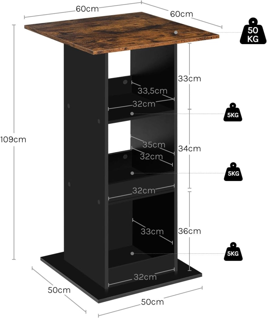 Tavolo da Bar Quadrato, Tavolino Alto e Stretto con 3 Ripiani, Tavolo Alto da Cucina, Sala da Pranzo, Bistrot, in Truciolare, 60x60x109 cm, Marrone Rustico+Nero