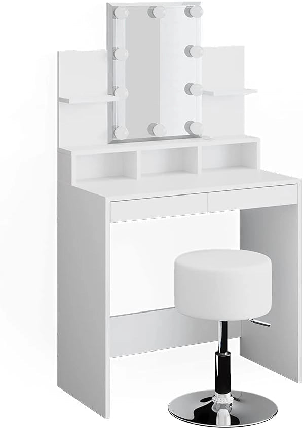 Tavolo da toeletta Ania, Bianco, 80 cm con illuminazione LED e sgabello, Salvaspazio e funzionale allo stesso tempo
