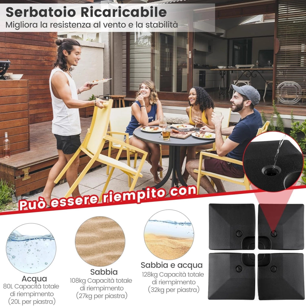 Base Ombrellone Riempibile a 4 Blocchi da 20 Litri, Base per Ombrellone Decentrato con Blocchi Riempibili di Acqua/Sabbia, Pesi per Ombrellone da Giardino Terrazzo Bordo Piscina, Fino 128 kg