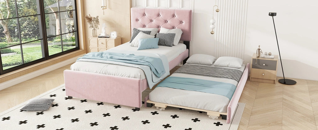 DESMIU Letto estraibile singolo con letto secondario, 90 × 200 cm e 90 × 190 cm, senza materasso, velluto rosa