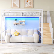 Letto a soppalco 90x200 cm bianco in metallo e MDF con LED e gradini contenitore