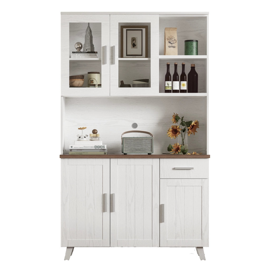 Credenza con 5 Ante 1 Cassetto 2 Vani Aperti e Ante in Vetro per Soggiorno in Pannello 114 x 40 x 190 cm Bianco e Marrone