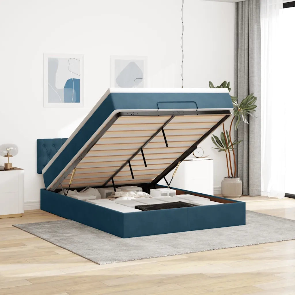 Struttura Letto Pouf con Materasso Blu 140x200cm in Velluto 3312702