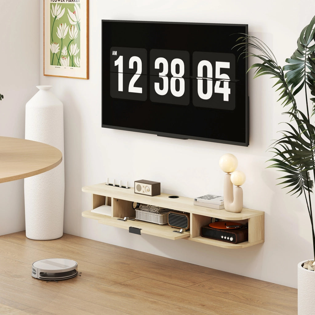 Mobile TV Sospeso con Cassetto e Ripiani Aperti ¨C zephmum ¨C Legno Naturale 120x24x16 cm