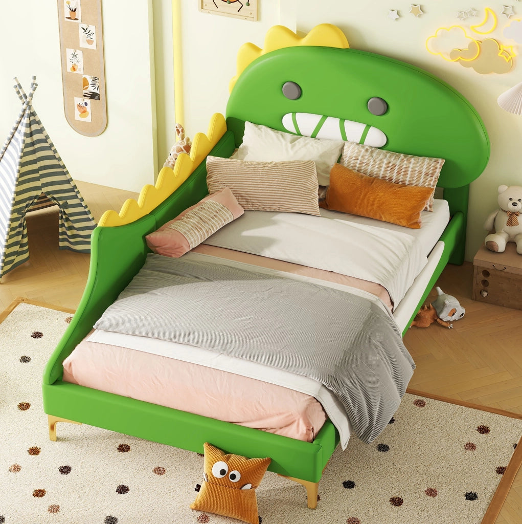 Letto per bambini 90x200 cm; design dinosauro; PU e MDF; verde