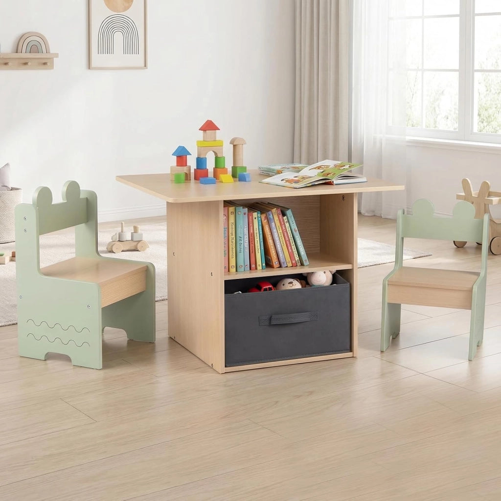 Set di Tavolo e 2 Sedie per Bambini 3+ Anni, Tavolo e 2 Sedie in Legno con Scomparti Doppio Lato e Cassetto Pieghevole in Tessuto, Ideale per Leggere, Giocare per Cameretta Bambini (Verde)