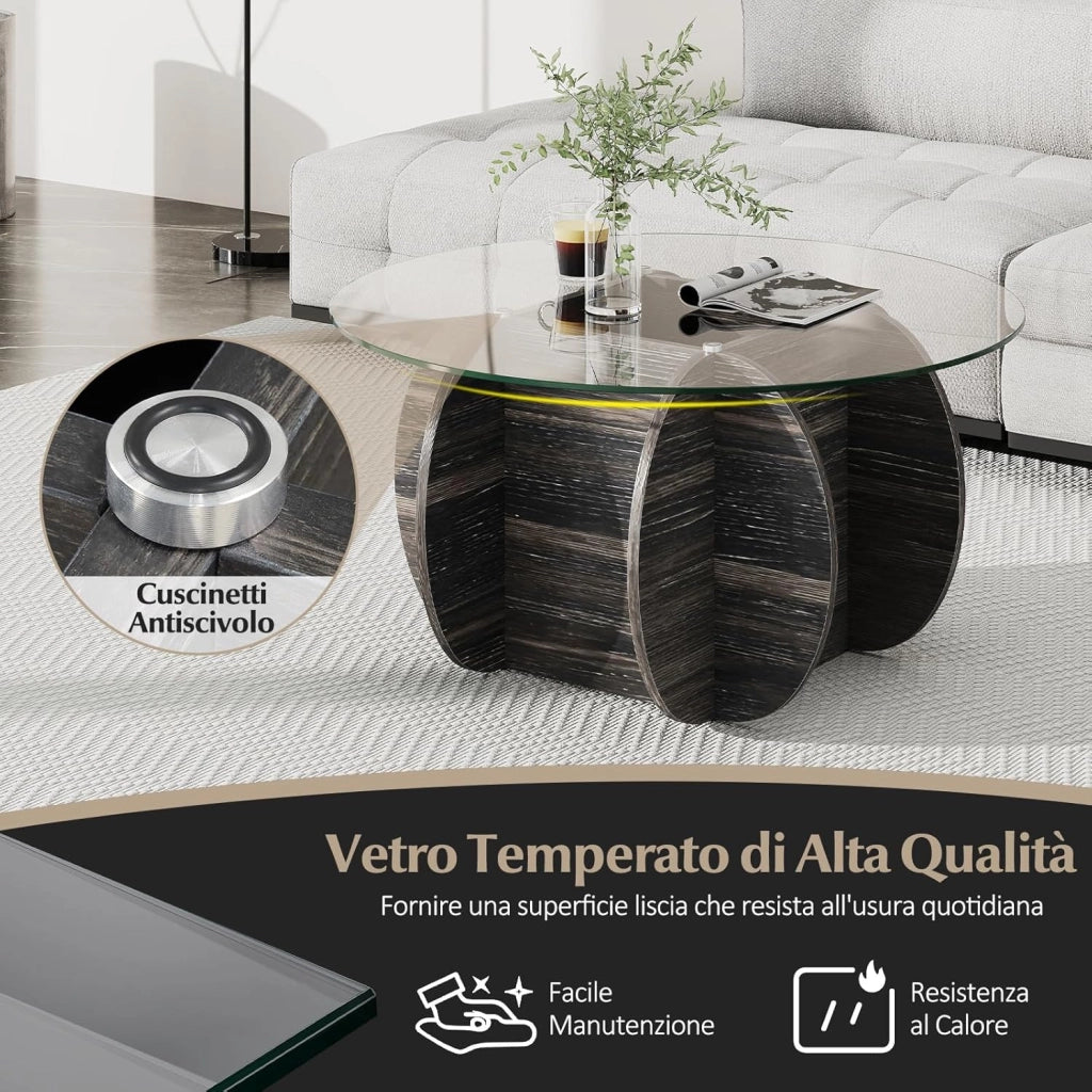Tavolino da Salotto Rotondo con Piano in Vetro Temperato e Base in Legno Massello, Tavolino da Caffè Moderno con Scomparto Portaoggetti per Soggiorno, Studio e Ufficio, 89 x 89 x 46 cm