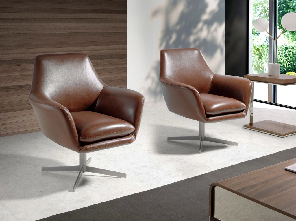 Poltrona girevole in pelle marrone cognac