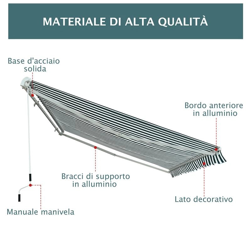 TENDA DA SOLE A BRACCI PER ESTERNO CON MANOVELLA METALLO E POLIESTERE 295X250CM VERDE E BIANCO
