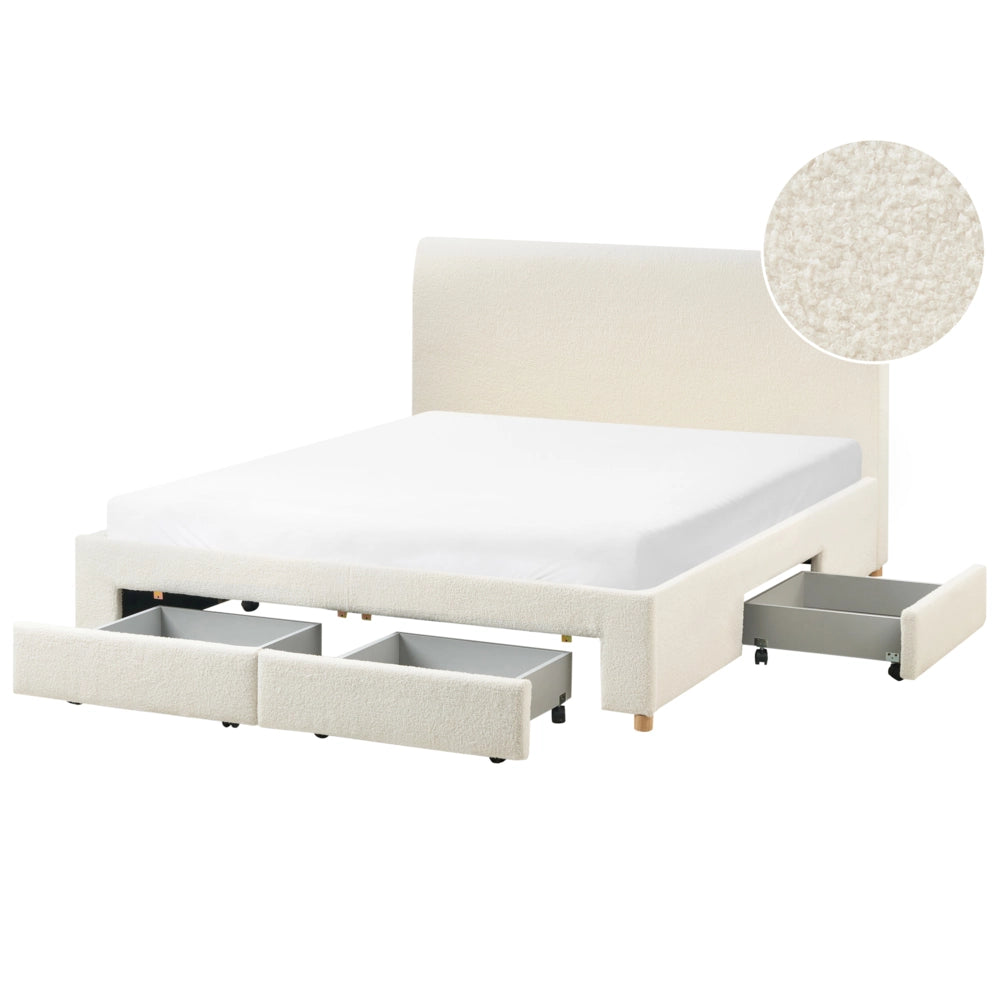 Letto con cassetti in bouclé 160 x 200 cm con rete a doghe design moderno scandinavo bianco crema