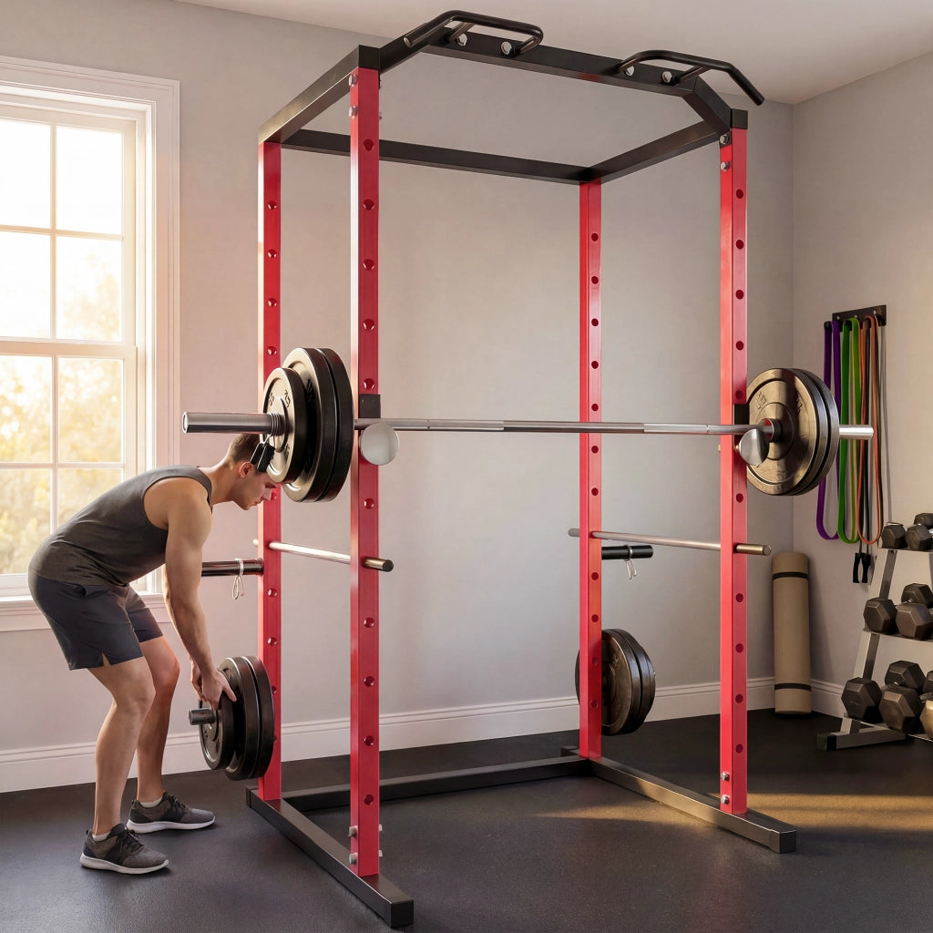 Power Cage Stazione Multifunzione 160x112x215 cm Rack Regolabile con Capacità di 460 kg in Acciaio Rosso