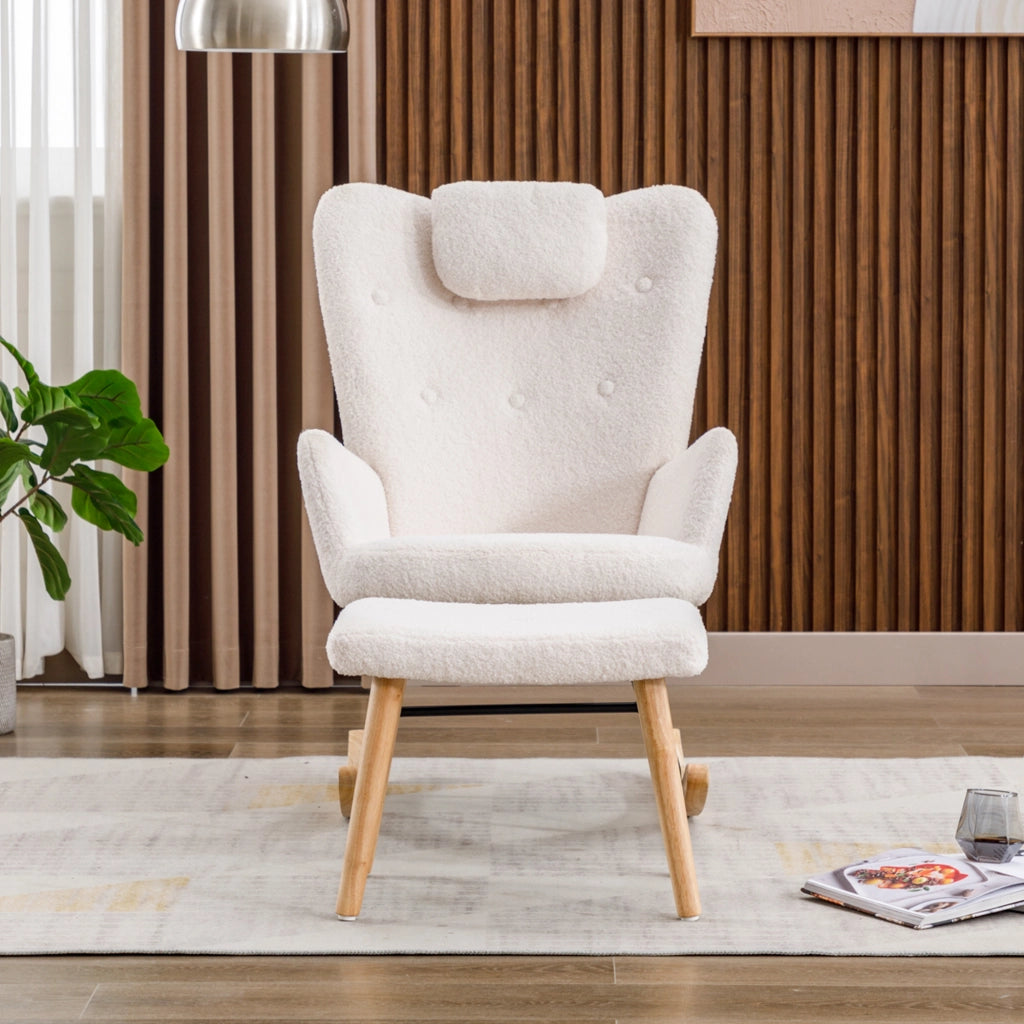 Poltrona a dondolo con poggiatesta e poggiapiedi design elegante per relax quotidiano in tessuto bouclé bianco