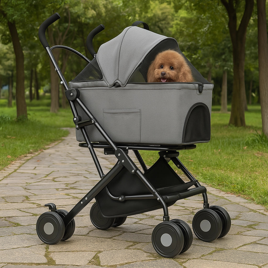 Passeggino Cani e Gatti 2in1 Trasportino Rimovibile e Struttura Pieghevole Robusta Grigio