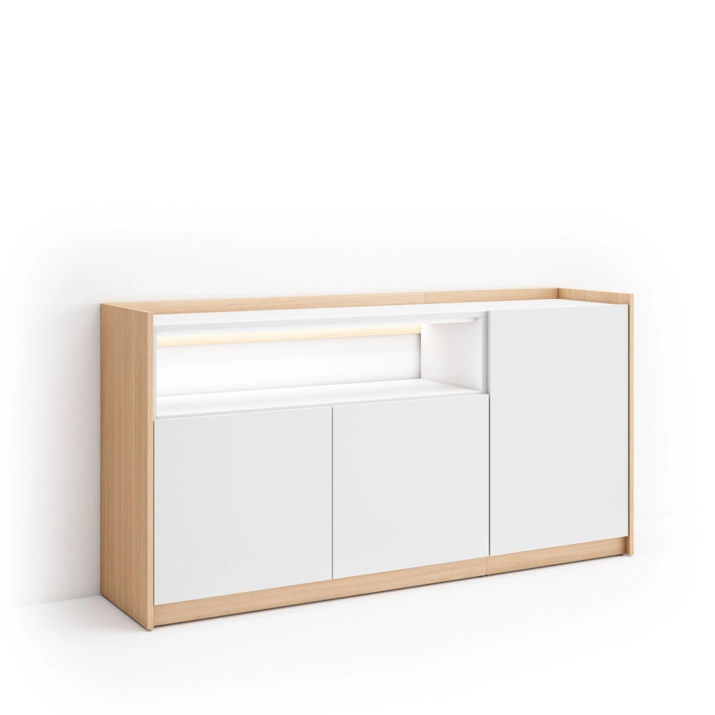 Credenza, Mobile, Cucina, 156x80x37 cm, 3 Porte, LED, Bianco e Rovere soft