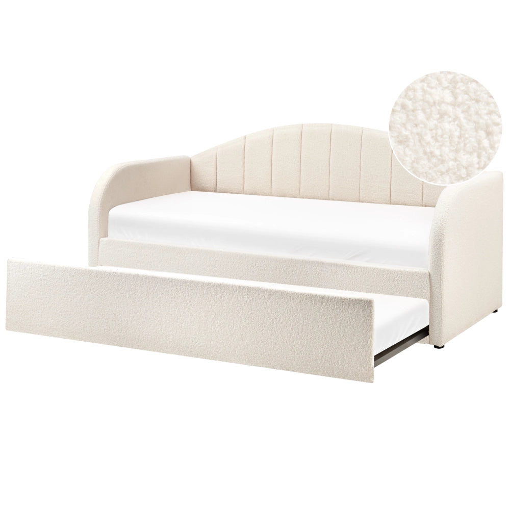 Letto estraibile in bouclé beige chiaro con cornice imbottita moderna glamour per una cameretta per bambini ospiti