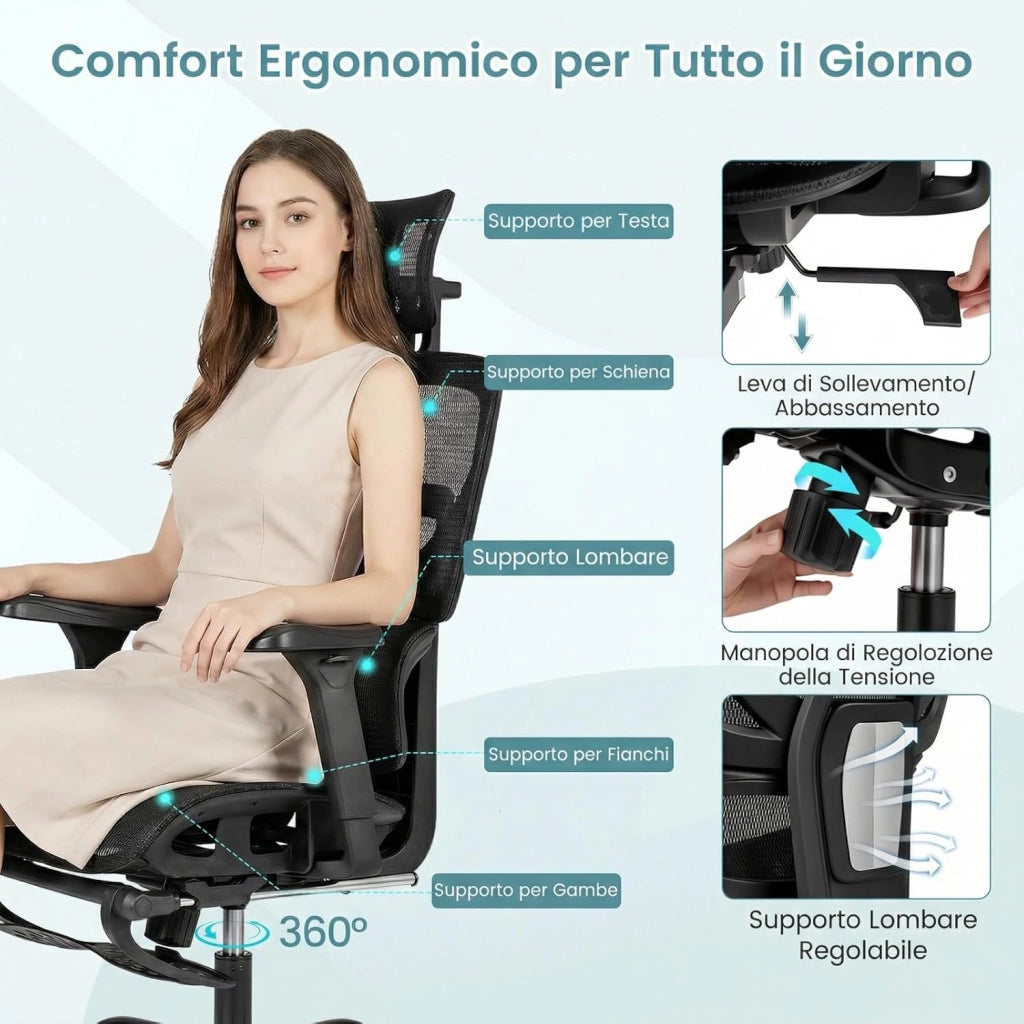 Sedia da Ufficio Ergonomica, con Poggiapiedi e Poggiatesta | Poltrona Scrivania con Schienale e Supporto Lombare, Braccioli 3D, Portata 136 kg