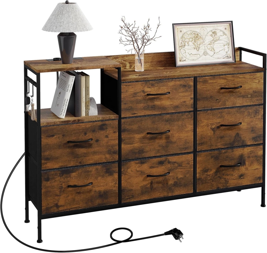 Cassettiera a 8 Cassetti in Tessuto, Cassettiera per Camera da Letto, con Sezione di Ricarica e Ganci, Piani Legno e Struttura in Metallo, Rovere Vintage+Nero