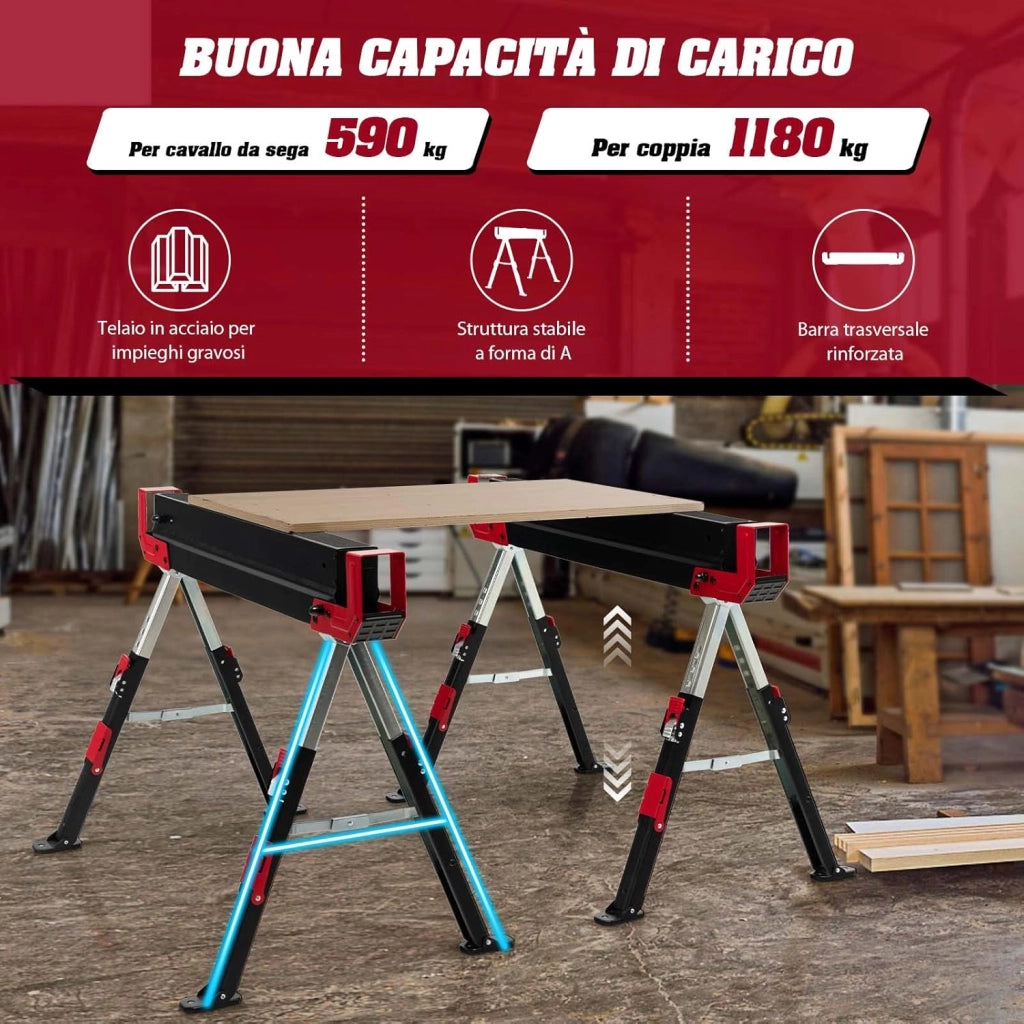 Set di 2 Cavalletti da Lavoro Pieghevoli, Cavalletto per Segare la Legna Regolabile in 9 Livelli, Cavalletto per Uso Interno ed Esterno, Carico Fino a 1180 kg (Modello 3)