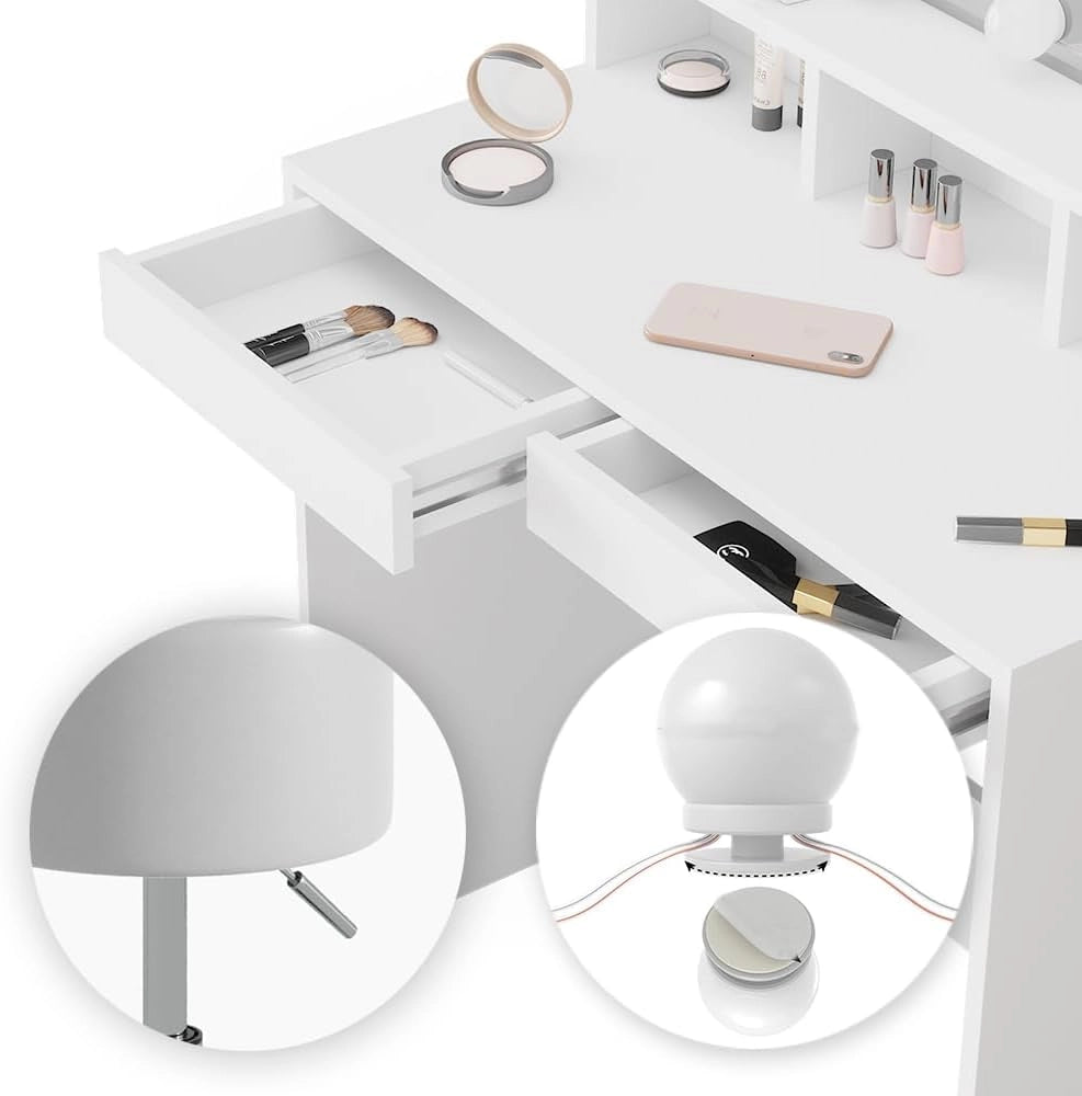 Tavolo da toeletta Ania, Bianco, 80 cm con illuminazione LED e sgabello, Salvaspazio e funzionale allo stesso tempo