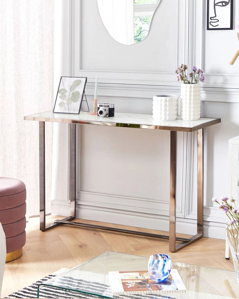 Consolle Bianco Argento Vetro Temperato Acciaio 120 x 40 cm Effetto Marmo Glam Moderno Soggiorno Camera Da Letto Corridoio