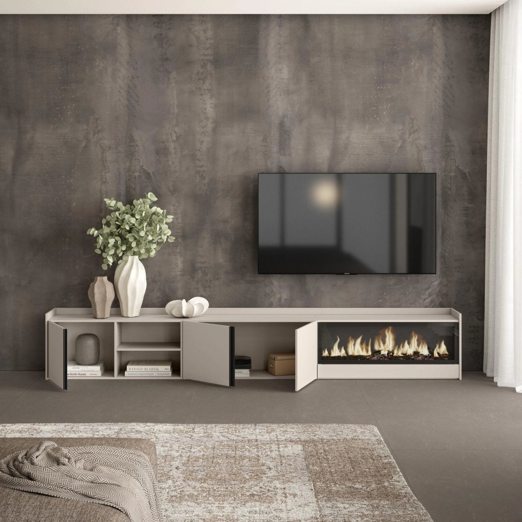 Mobile TV Soggiorno, 315x50x35 cm, Per TV fino a 80", Camino elettrico XXL, Beige