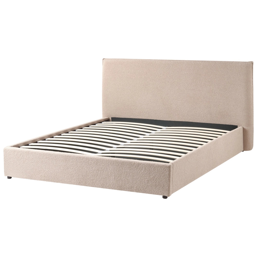 Letto matrimoniale con contenitore in tessuto bouclé tortora con testiera 160 x 200 cm Doghe in legno