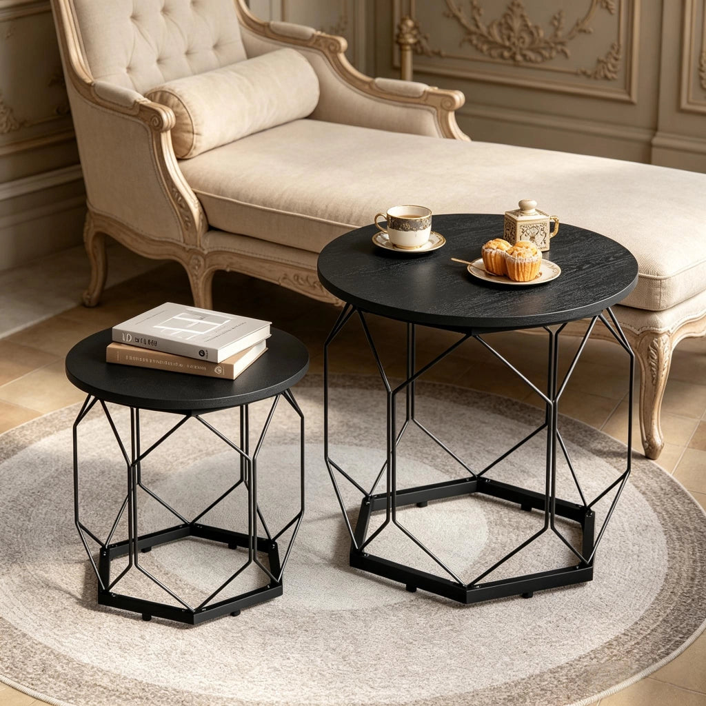 Set di 2 tavolini bassi rotondi in legno e metallo con piano rimovibile e vano contenitore per soggiorno e salotto nero