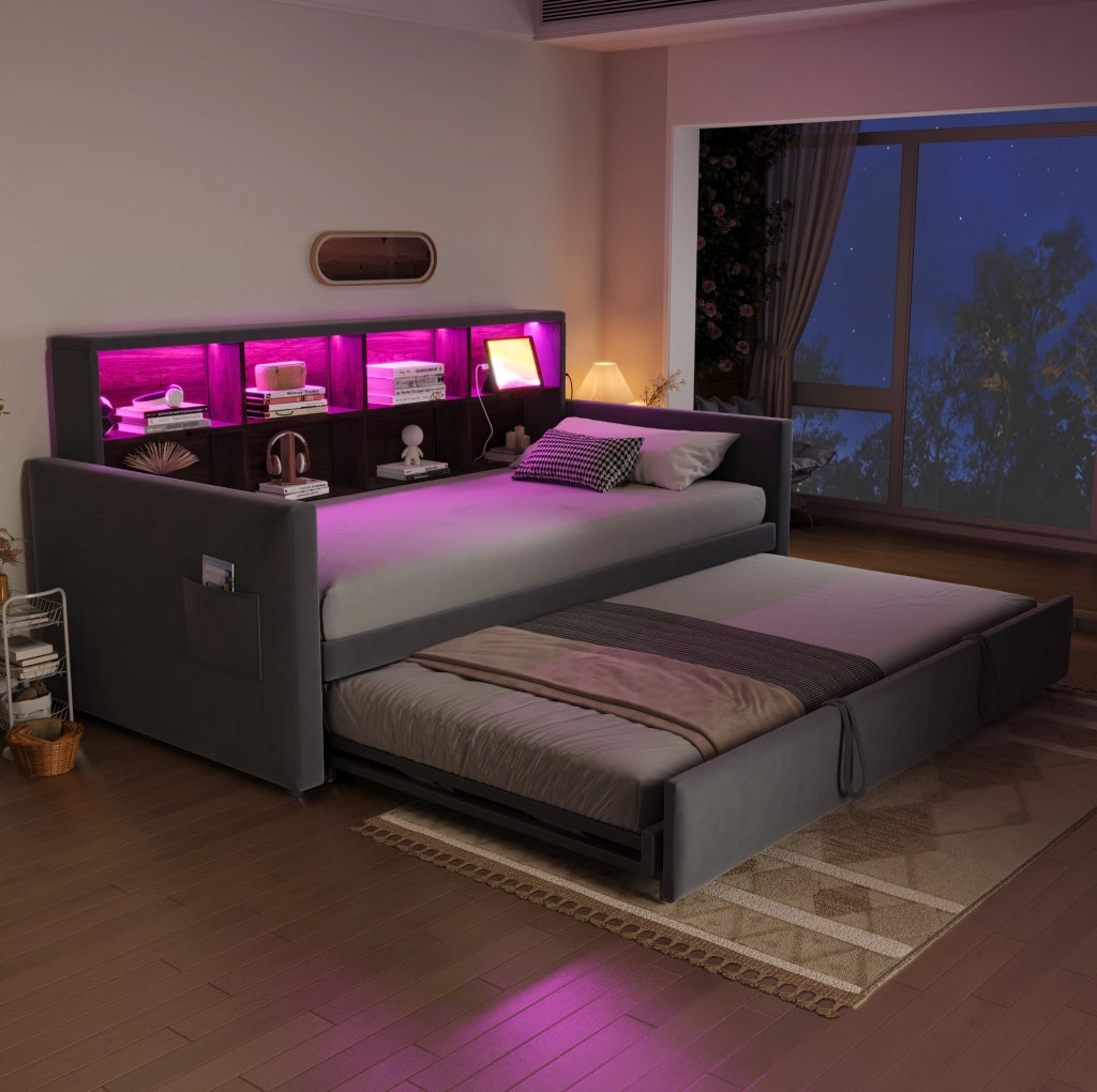 Letto singolo estraibile 90x190 cm con LED; prese USB-C e velluto grigio