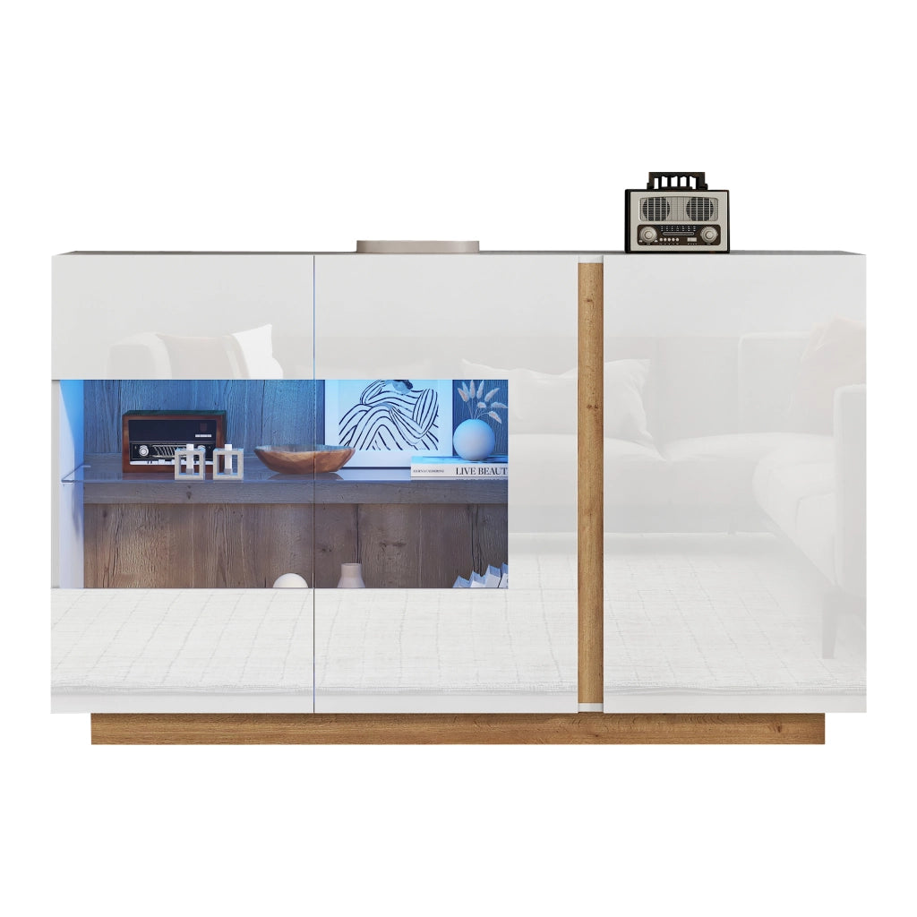 Credenza con 3 ante; illuminazione LED e inserti in vetro - 138x38.5x90.5 cm - bianco