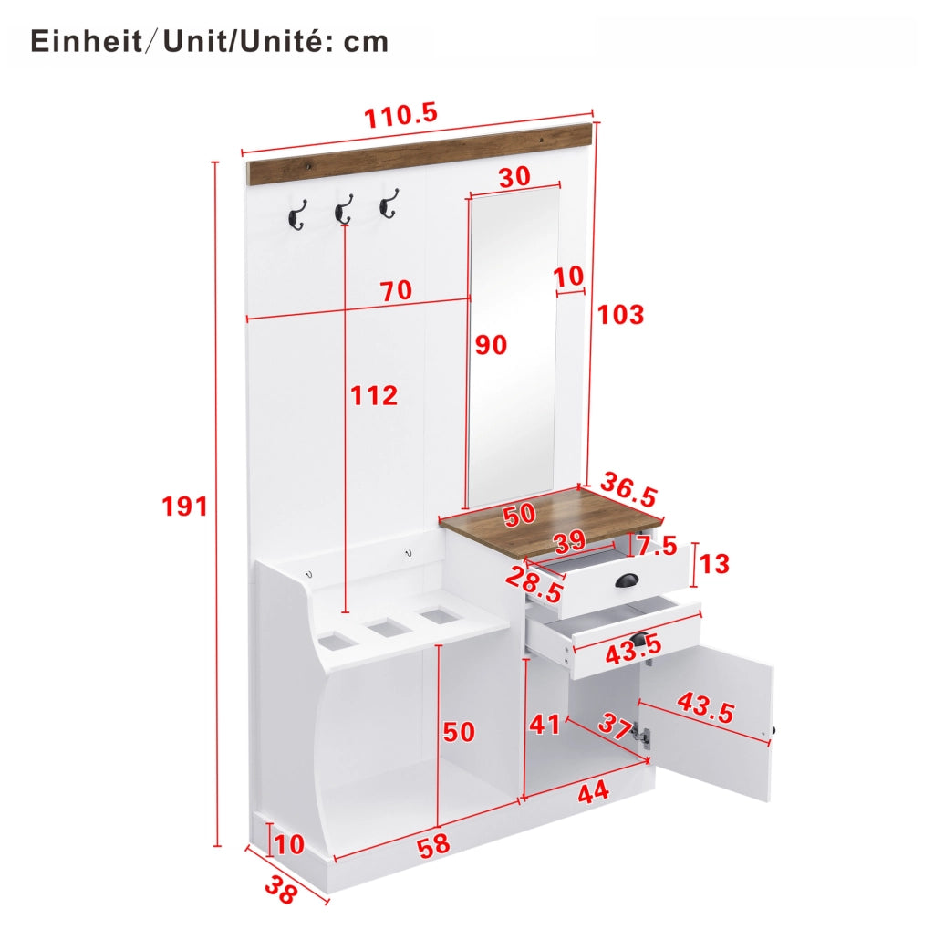 Mobile da ingresso 110，5x38x191 cm in truciolato bianco con specchio