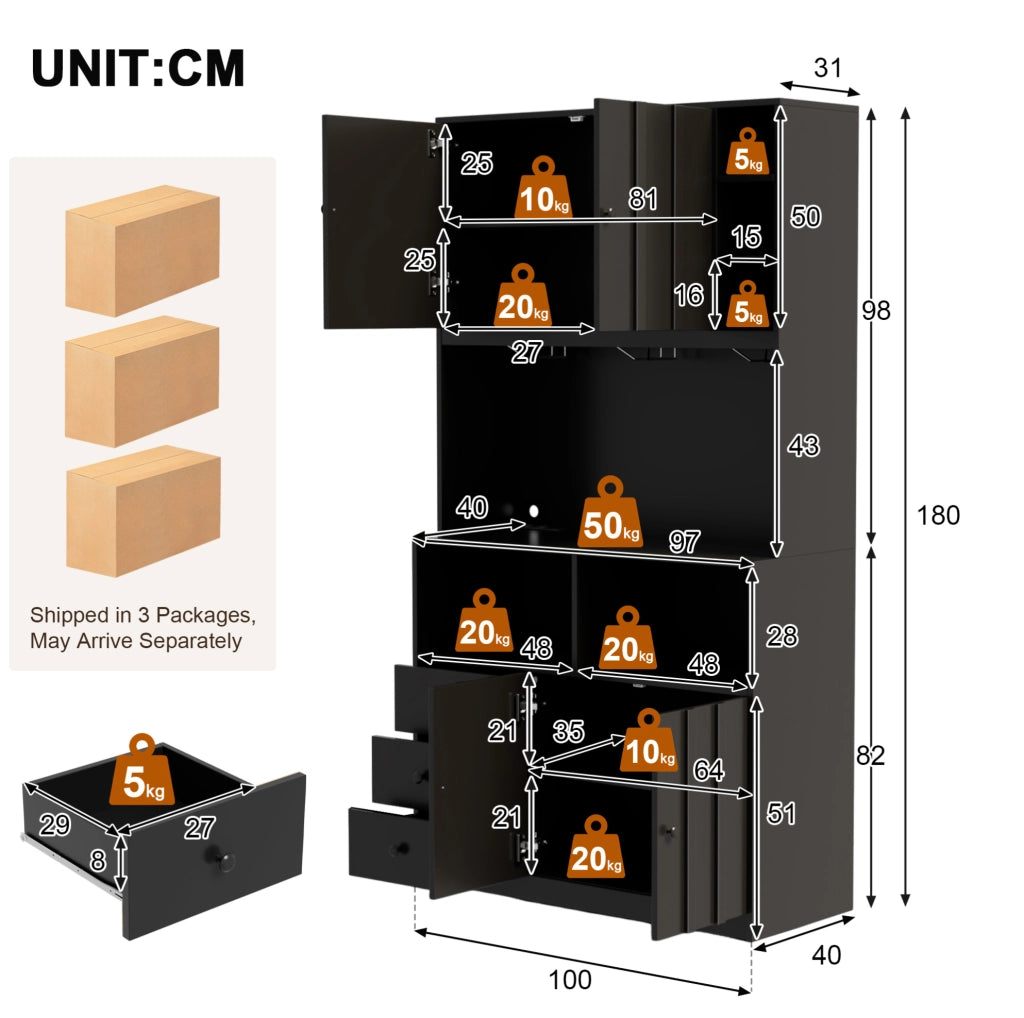 Credenza cucina alta 100x40x180 cm con LED RGB; prese USB e AC; in MDF nero