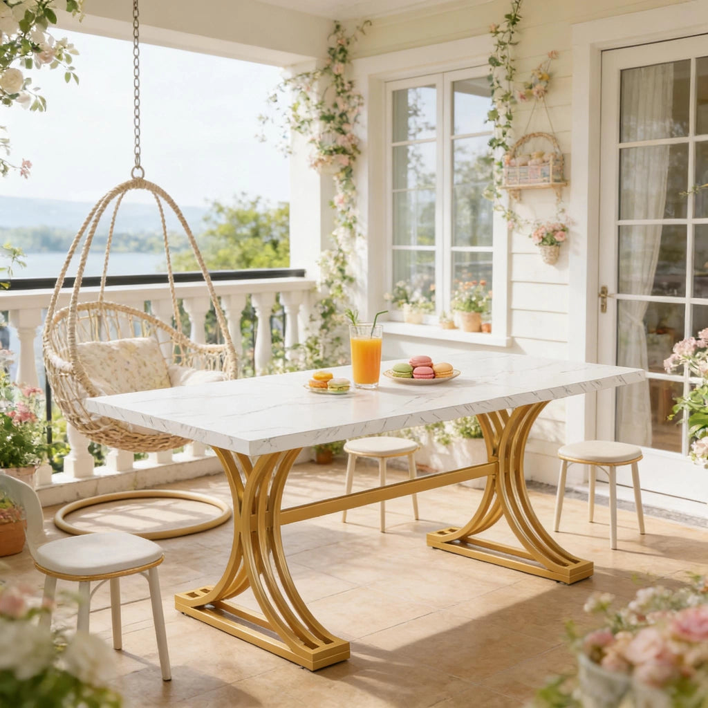 Tavolo da pranzo moderno 160x80 cm con piano effetto marmo e gambe in metallo, bianco e oro